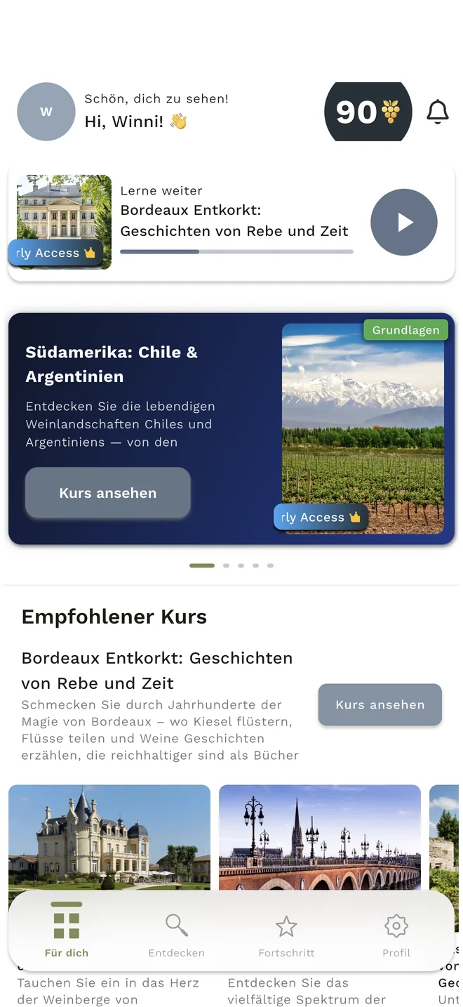 WineMind-Startseite mit fortzusetzendem Kurs und empfohlenen Lektionen