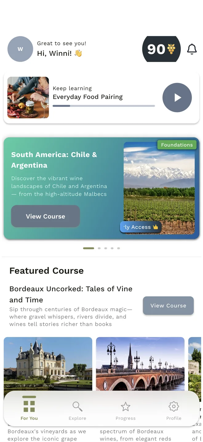 WineMind home screen with a course to continue and featured wine lessons