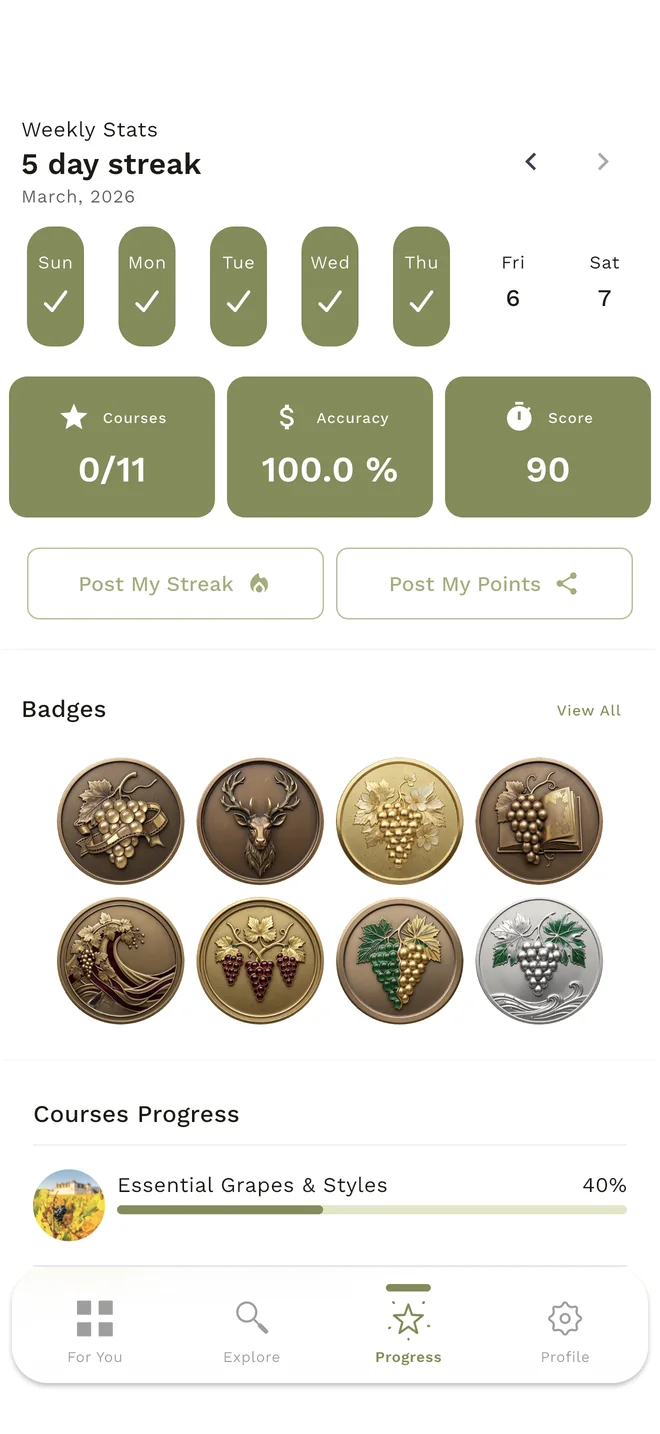 WineMind progress screen showing streak, accuracy, points and badges