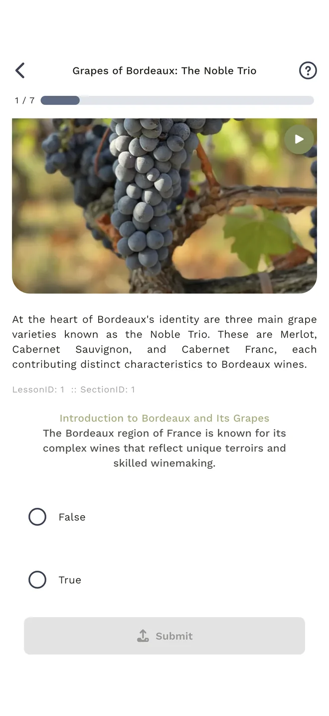 WineMind lesson with an interactive wine question