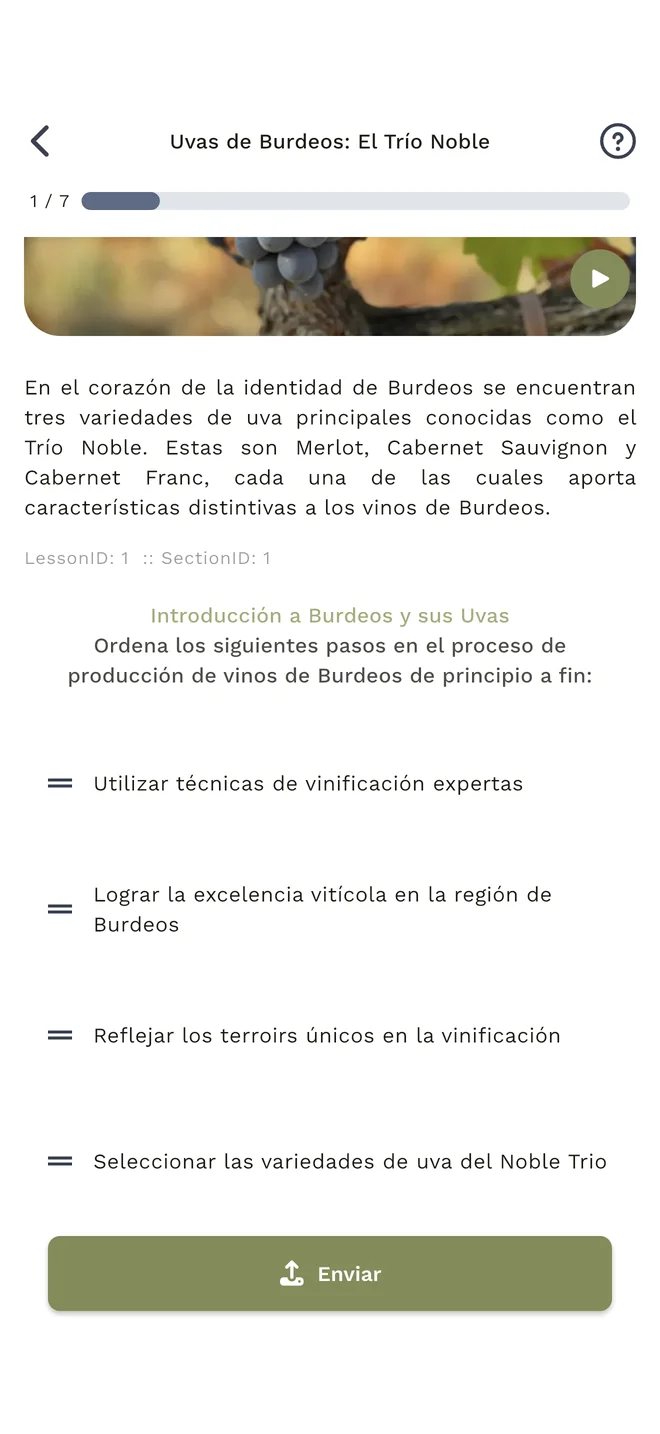 Lección de WineMind con una pregunta interactiva