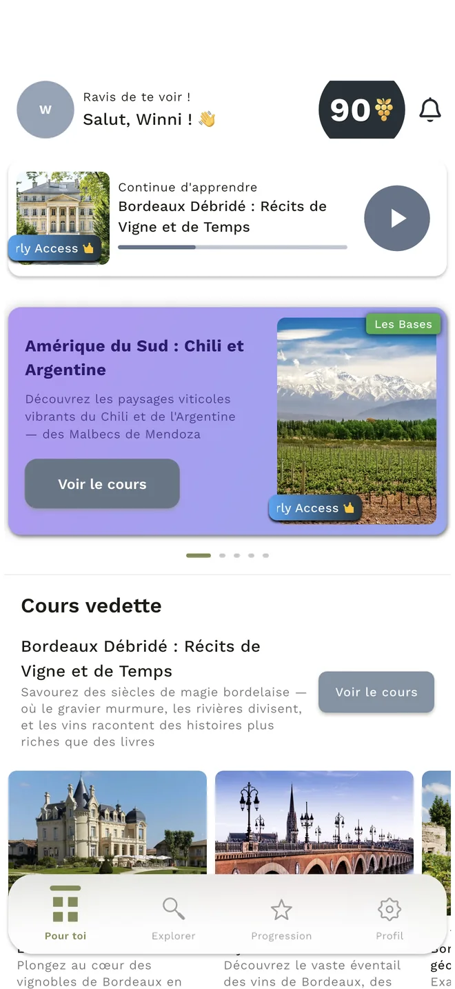 Accueil WineMind avec cours à reprendre et leçons en vedette