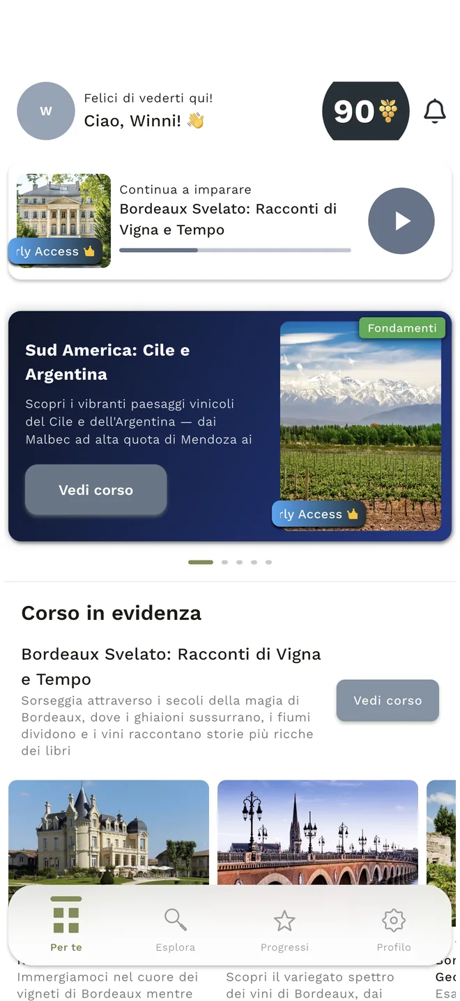 Home WineMind con corso da continuare e lezioni in evidenza