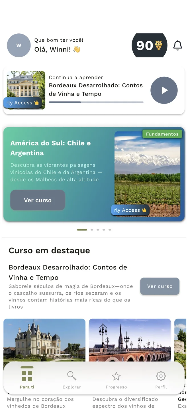 Tela inicial WineMind com curso em andamento e lições em destaque